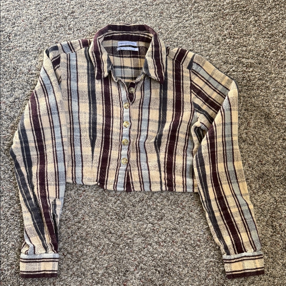 Urban Outfitters Plaid Button-Up Crop Top - Cream and Brown